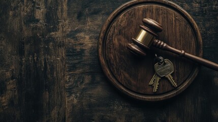 Gavel and keys on wooden surface, signifying legal property ownership or auction.