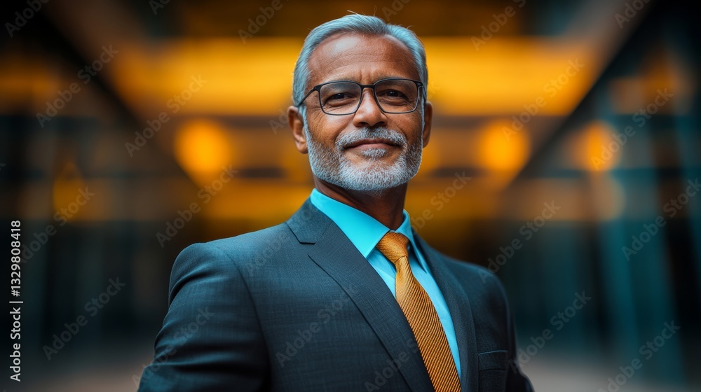 Poster man in a suit and tie stands in front of a wall. he is smiling and looking directly at the camera