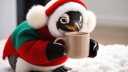 Adorable penguin in a holiday sweater and earmuffs, holding a mug of hot chocolate