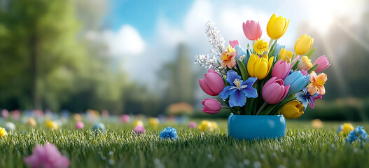 colorful spring flowers like daffodils, tulips, and irises in the grass against a blue sky background with sun rays
