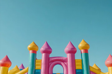 Vibrant inflatable bouncy castle under a clear blue sky, featuring colorful slides and playful design
