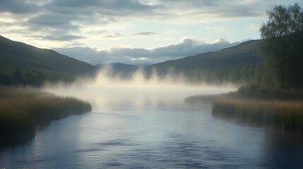 Obraz premium Serene Misty River Valley Morning Landscape