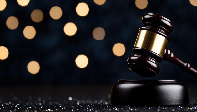 Judge's gavel on dark background with bokeh lights, symbolizing law and justice.