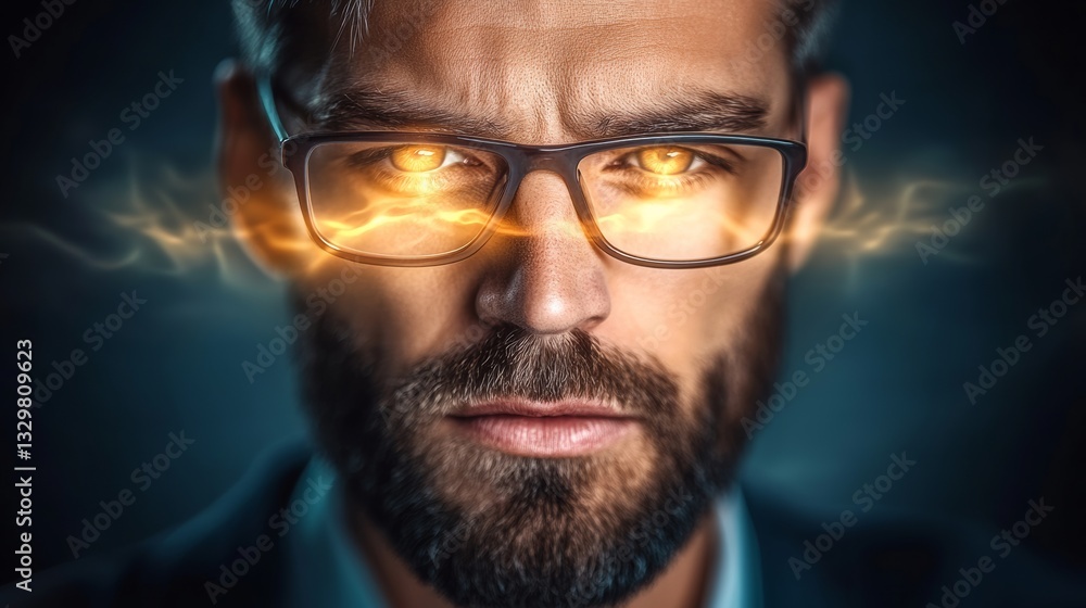 Poster man with glasses is staring at the camera with his eyes wide open. the image has a dramatic and inte