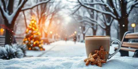  Outdoor Winter Park Scene with Hot Chocolate, Gingerbread Cookies, and Snowflakes
