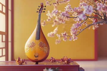 Mid Autum golden purple 3d soft render, Traditional Chinese musical instruments such as the erhu and pipa are played, accompanied by singing and dancing