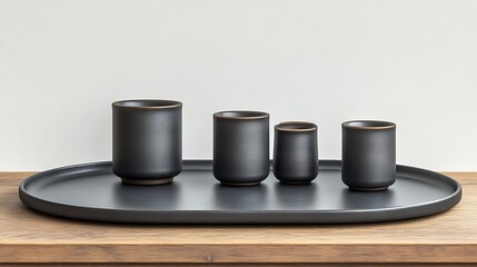 Dark ceramic cups arranged on a black tray
