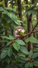  Charming Hedgehog on a Branch Surrounded by Lush Green Foliage in a Peaceful Forest