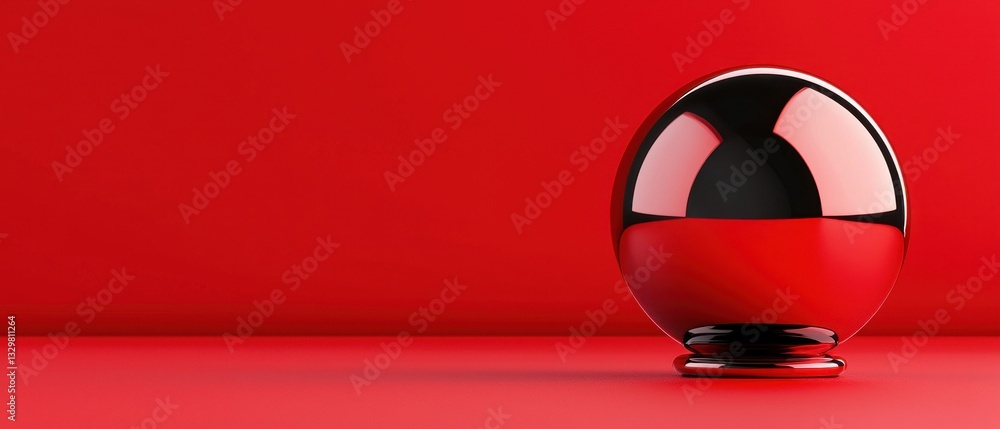 Poster minimalistic red scene with a reflective sphere highlighting modern design elements.