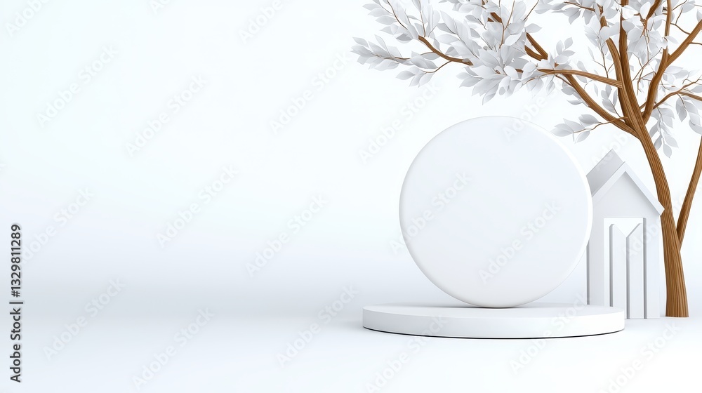 Poster minimalistic scene with geometric shapes and tree on white background.
