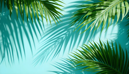 Fototapeta premium Tropical Palm Leaves with Shadows on Turquoise Background