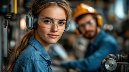 Focused industrial workers in safety gear