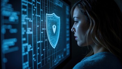 Young female analyzing cybersecurity data on digital screen