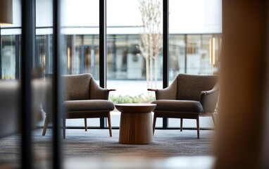 Fototapeta premium Two Patterned Armchairs With Round Wooden Table In Modern Lobby With Glass Exterior Wall