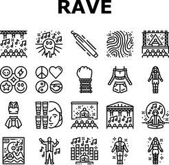 rave retro party music icons set vector