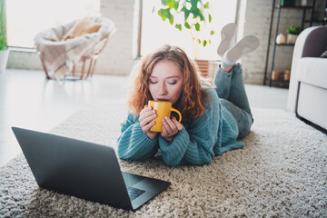 Young woman with red hair enjoying coffee while using laptop in a cozy apartment
