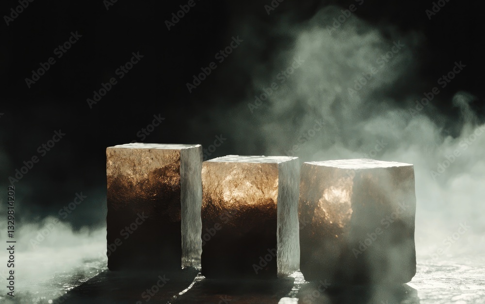 Poster three illuminated cubes with smoke on a reflective surface in a dark environment