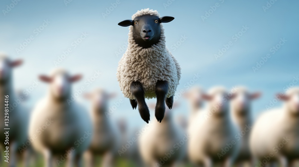 Poster sheep is jumping over a group of other sheep. the sheep is the main focus of the image, and it is in