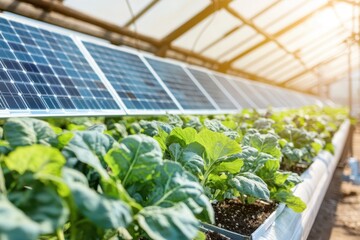 Fototapeta premium A vibrant greenhouse with solar panels and flourishing green plants, symbolizing sustainable agriculture and renewable energy.