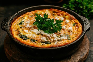 A deliciously baked dish featuring greens and cheese, garnished with fresh parsley, served in a rustic cast iron skillet.