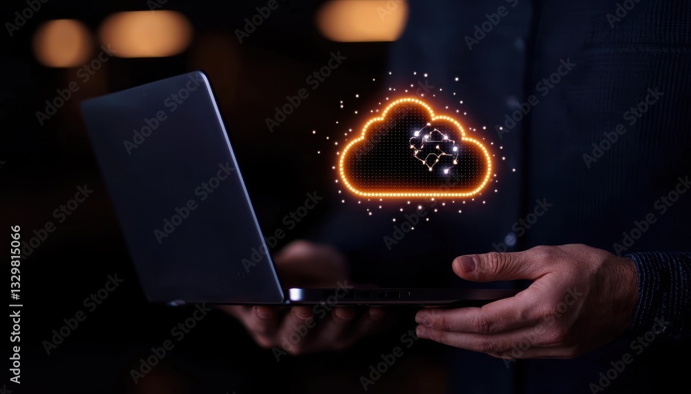 Poster person using laptop with glowing cloud icon signifying digital data connection.