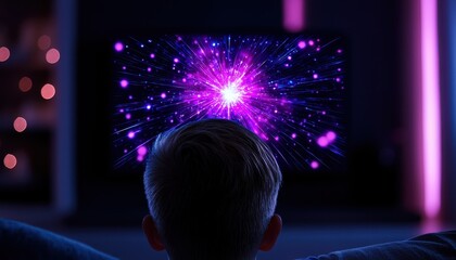 Person watching vibrant visual display on TV in a dark room.
