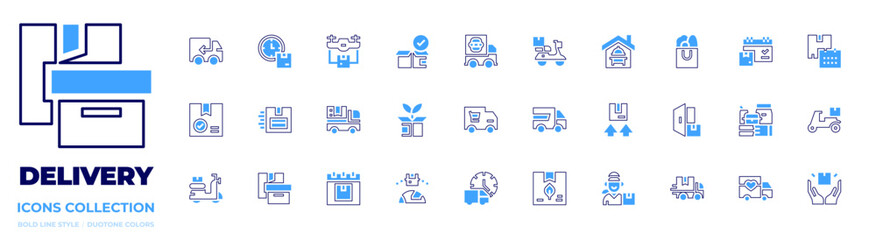 Delivery icon collection. Bold line style. Duotone colors. delivery, fooddelivery, truck, deliverytruck, schedule, package, deliverybike, deliverytime