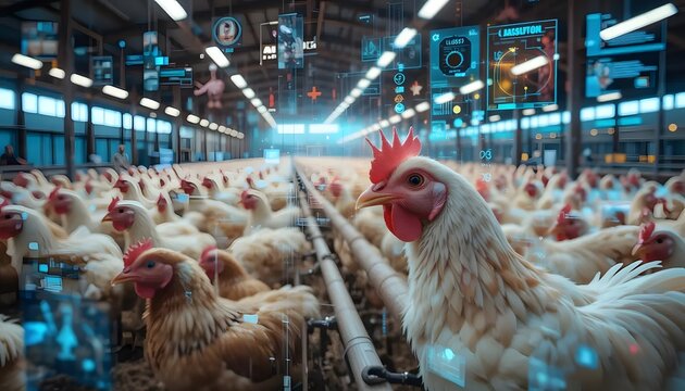 High-Tech Industrial Chicken Farm with Advanced Monitoring Systems and Healthy Livestock in Focus