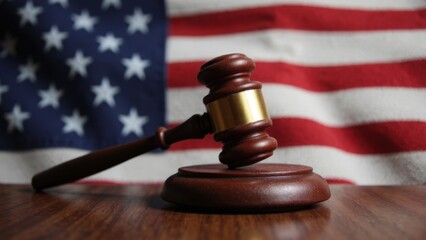 Gavel on wooden desk with american flag in courtroom setting