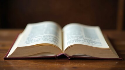 open book resting on wooden table with pages visible. concept of knowledge, education, learning. study, literature, academic research, library
