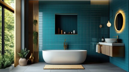 A modern bathroom featuring soft blue tiles, elegant white fixtures, warm gold accents, cozy ambient lighting, relaxing and stylish atmosphere, ultra-detailed