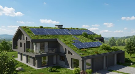 Modern eco-friendly house with solar panels and green rooftop in a natural setting