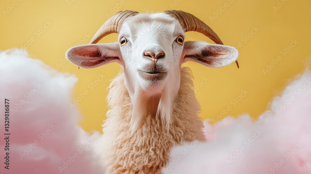 Poster goat is standing in front of a yellow background with pink clouds. the goat has a white face and is 