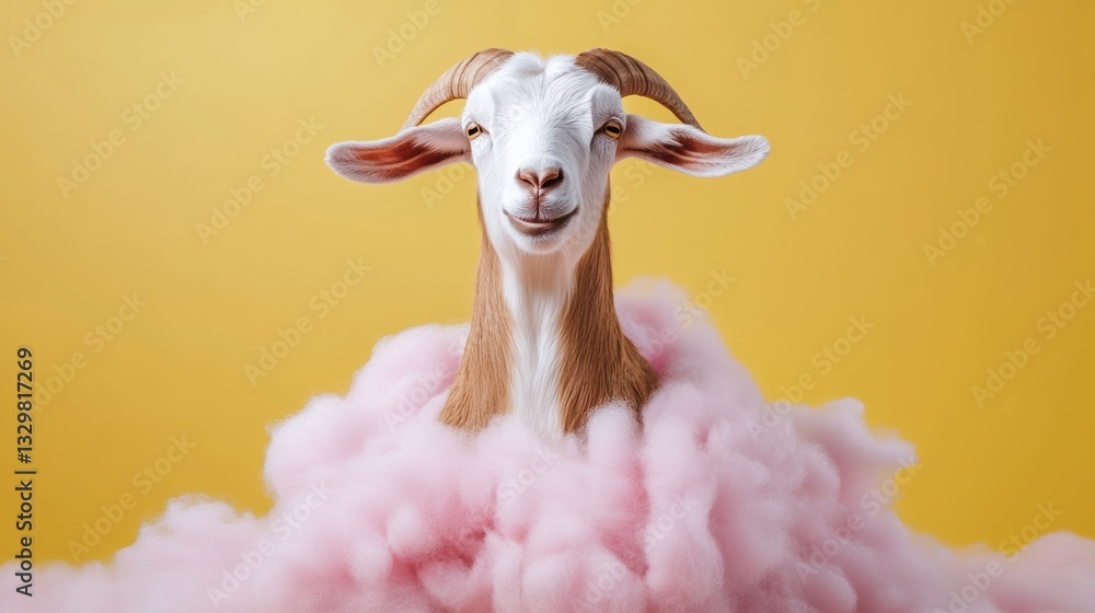 Poster goat is covered in pink clouds and is smiling. the image has a playful and whimsical mood