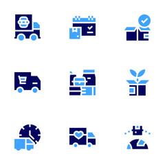 Delivery icon set. Bold style. Duotone colors. deliverytruck, schedule, package, fooddelivery, greenlogistics, delivery