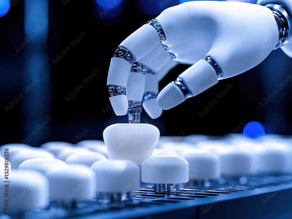 Poster robotic hand interacting with futuristic interface illustrating advanced technology.