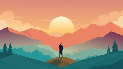 A single person standing on a remote hilltop surrounded by rolling hills and valleys taking in the peaceful sunrise in complete serenity.. Vector illustration
