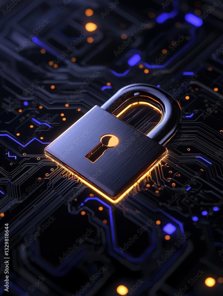 Poster secure digital protection concept; circuit board with glowing lock symbolizing cybersecurity.