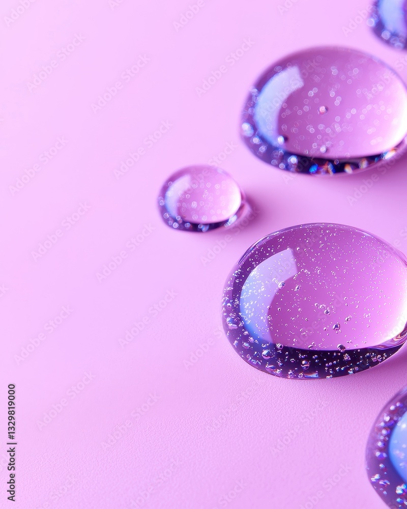 Poster shiny purple water droplets on a smooth pink surface creating a captivating abstract pattern.