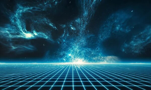 Cosmic expanse over a grid floor, featuring ethereal blue nebulae and a distant light source