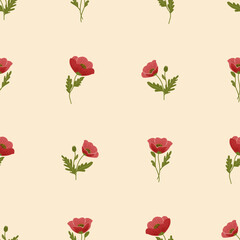 Wzór bezszwowy w czerwone maki. Dekoracyjne tło w delikatne kwiaty. © Monika