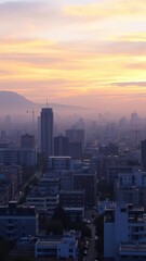  A Surreal Cityscape at Dusk with a Melting Horizon Blending the Sky into Gold and Lavender Colors