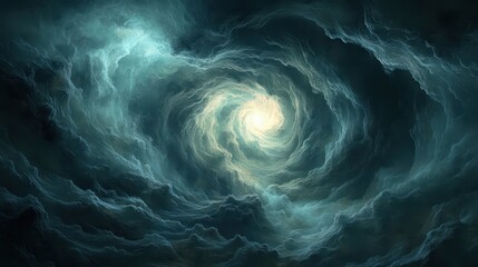 Swirling clouds, light at center, dark sky, mystical