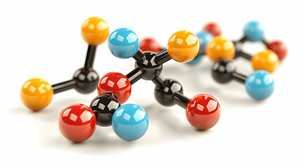 Molecular Model with Vibrant Spheres and Black Bonds on White Backdrop for Scientific Visualization and Conceptual Understanding