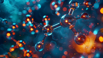 Molecular Structure Illustration in Blue and Orange With Bokeh Lights Science and Technology Background