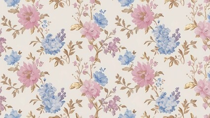 A Rococo-inspired wallpaper background with delicate pastel floral patterns and soft gold accents, creating an 18th-century French aristocratic feel.