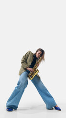 Expressive woman, musician in vintage-inspired outfit playing saxophone with bold intensity,...