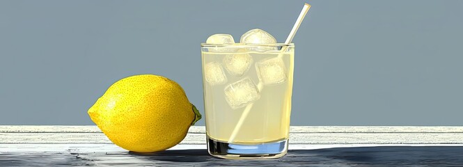 Refreshing lemonade with lemon and ice cubes. food and drink, icon