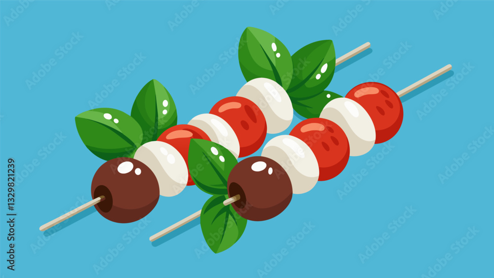 Poster caprese salad skewers with fresh cherry tomatoes mozzarella and basil drizzled with balsamic glaze..