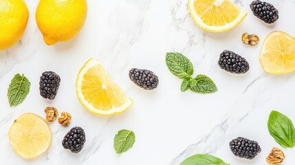 Vibrant Lemon and Blackberry Composition on Marble